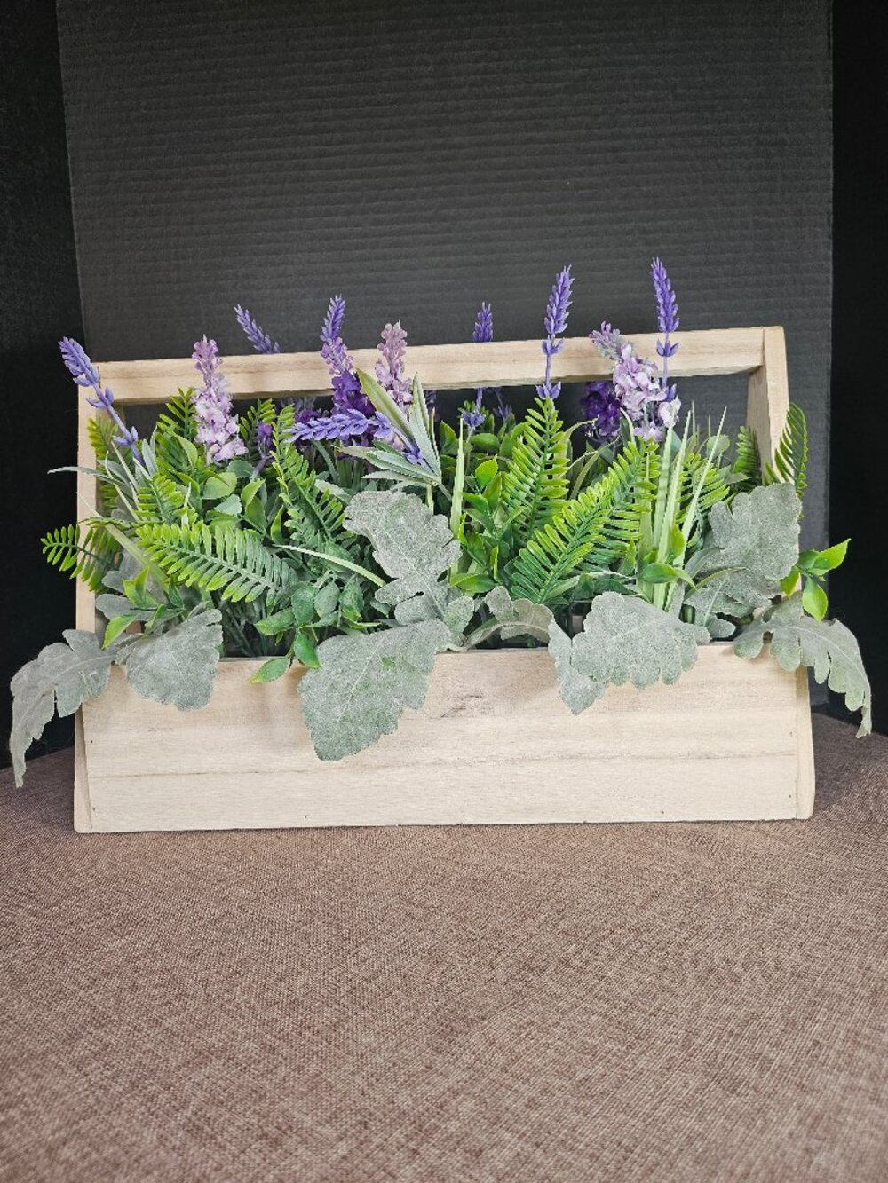 Whitewash Rustic Wood Planter Box With Handle And Faux Purple Flowers & Greenery